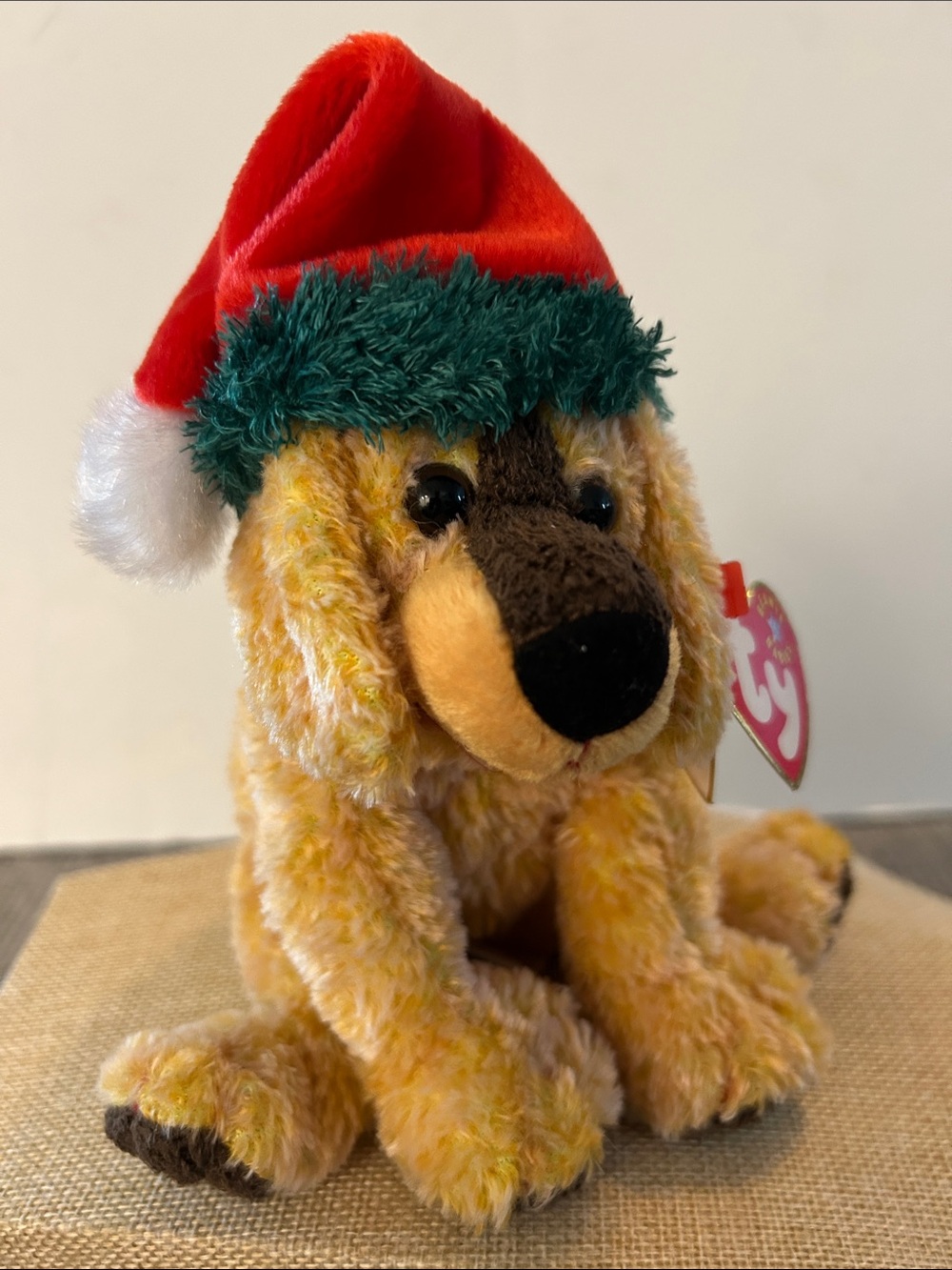 Ty JinglePup Plush holiday Dog with Red Santa Hat and red collar with heart tag